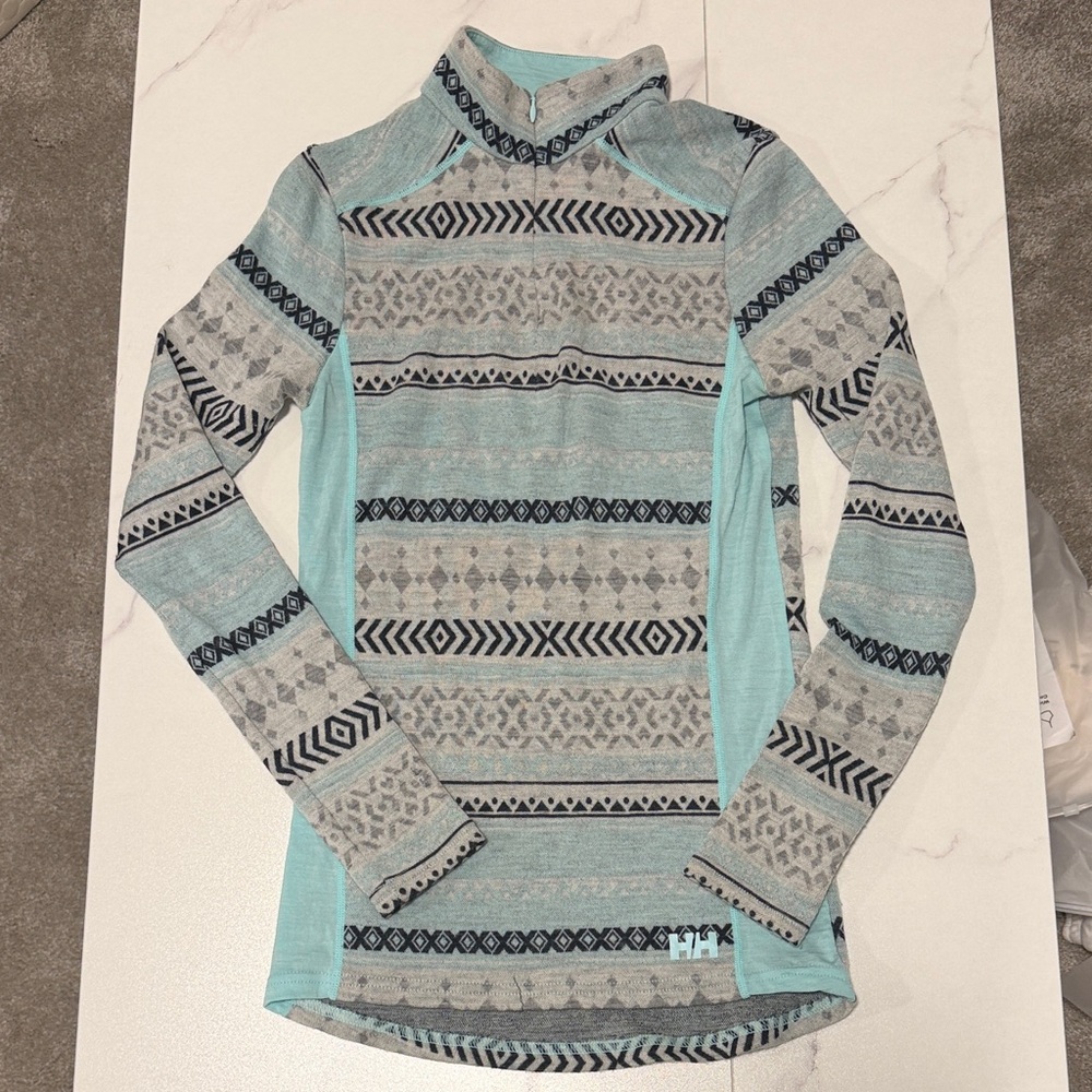 Helly Hansen Light Blue and Gray 100% Merino Wool Top